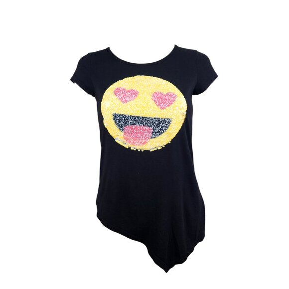 Total Girl shirt Girls 14 smiley black with yellow happy face reversible sequins - Picture 1 of 7